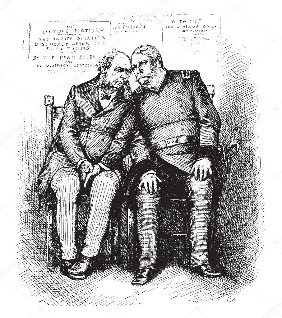 Two men sitting on chairs and talking, vintage line drawing or engraving illustration