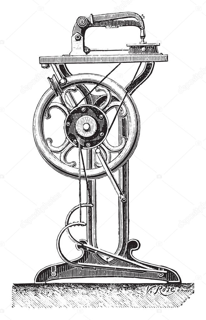 Application of latching Bourdin to a sewing machine, vintage engraved illustration. Industrial encyclopedia E.-O. Lami - 1875