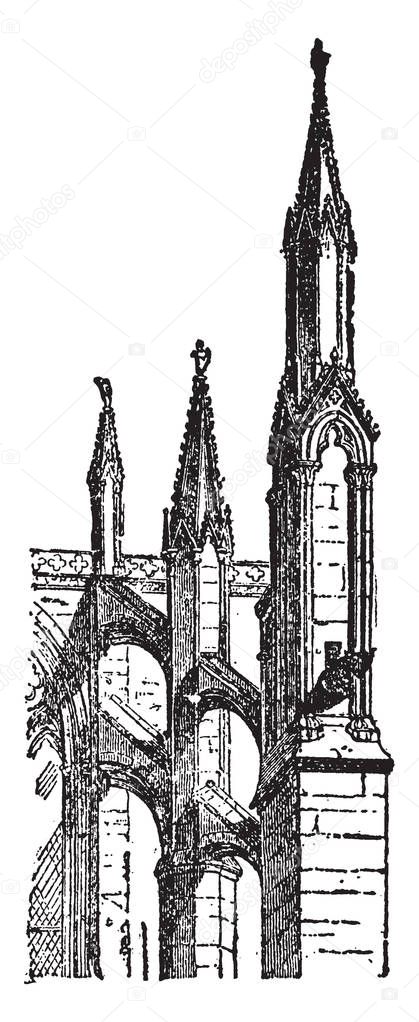 Buttress, Flying, architecture,  gothic, st. ouen, vintage line drawing or engraving illustration.