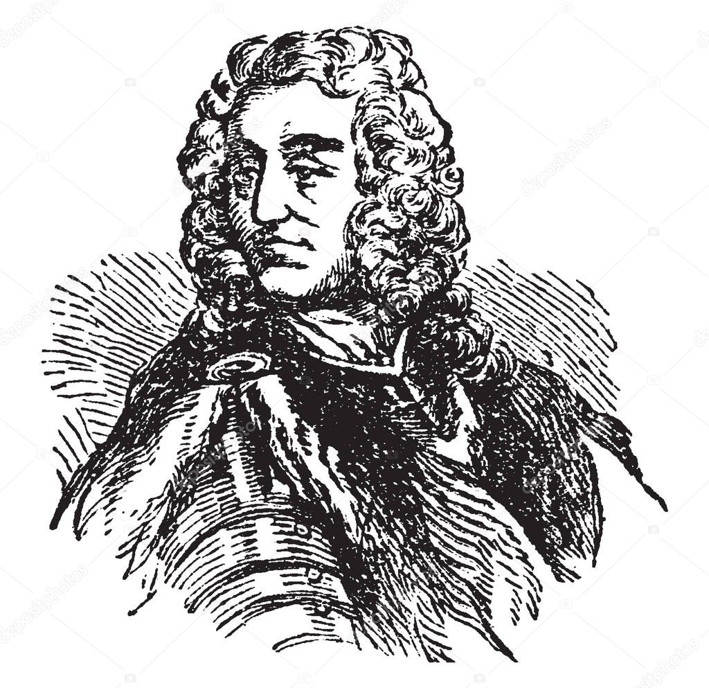 James Oglethorpe, 1696-1785, he was a British soldier, Member of Parliament, philanthropist, and governor of Georgia, vintage line drawing or engraving illustration