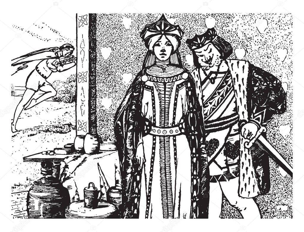 Queen Hearts Scene Shows King Standing Queen Man Holding Something
