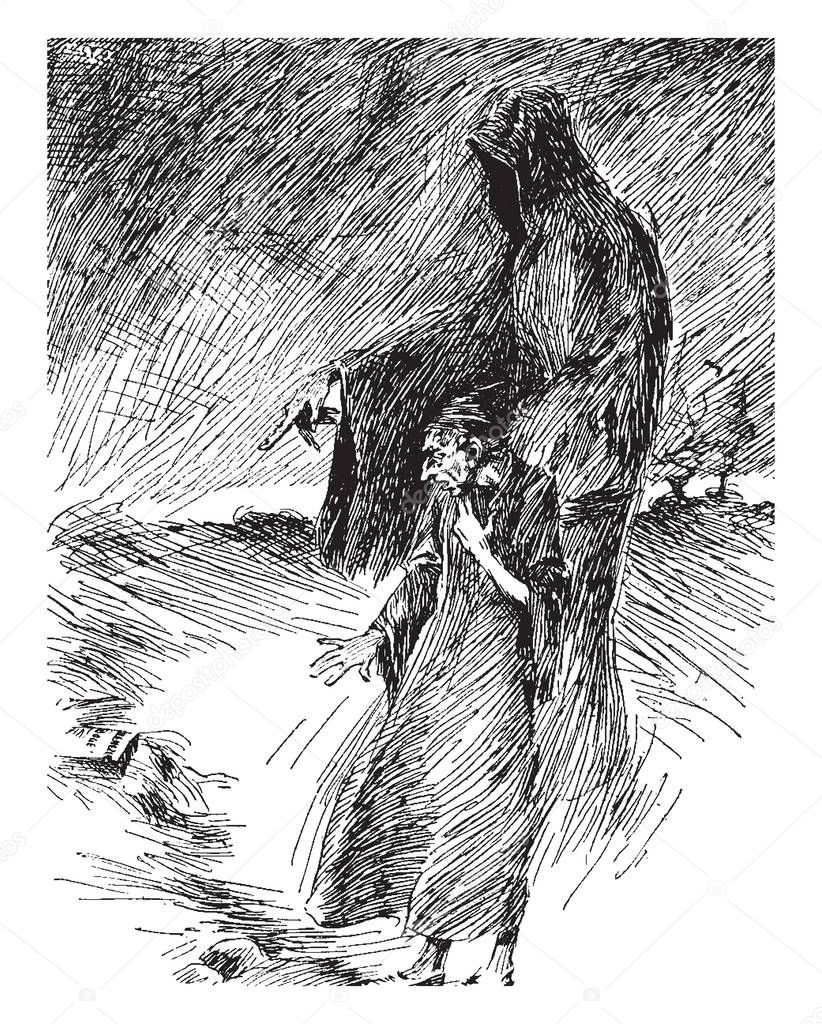 Christmas Carol, this scene shows ghost behind old man and ghost pointing towards ground, vintage line drawing or engraving illustration