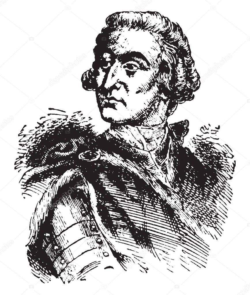 James Oglethorpe, 1696-1785, he was a British soldier, Member of Parliament, philanthropist, and governor of Georgia, vintage line drawing or engraving illustration