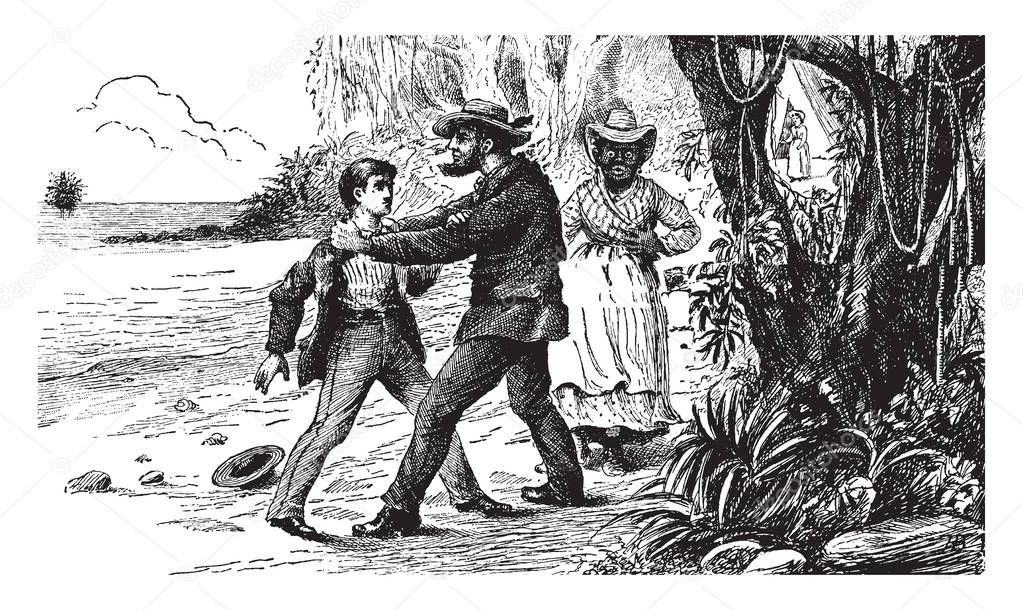 Castaways, this scene shows two men and a woman, one man kept hands on shoulder of another man, a hat fallen on ground, vintage line drawing or engraving illustration