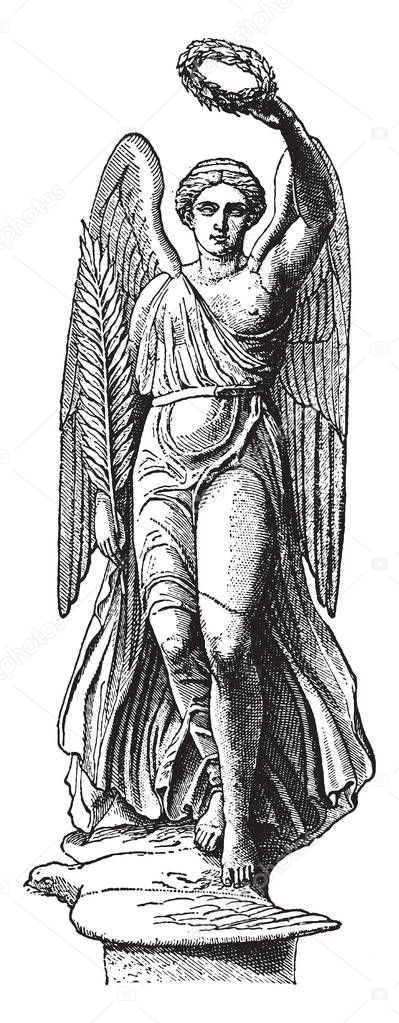A statue of Nike, Greek Goddess of Victory, vintage line drawing or engraving illustration.