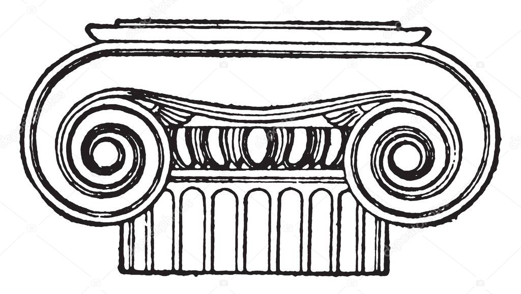 Greek capital, Ionic, the use of volutes, columns normally stand on a base, the stylobate or platform, vintage line drawing or engraving illustration.