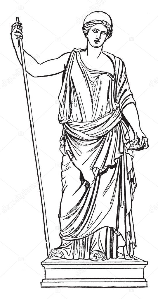 This is the picture of Hera standing. In Greek mythology, she is known as the goddess of marriage and birth, vintage line drawing or engraving illustration.