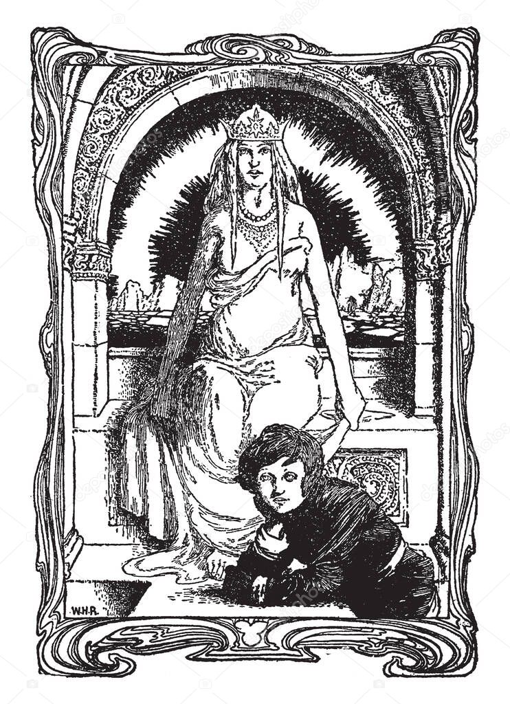 Kay and the Snow Queen, this scene shows a female wearing crown and sitting on chair looks like queen and a boy at her feet, vintage line drawing or engraving illustration