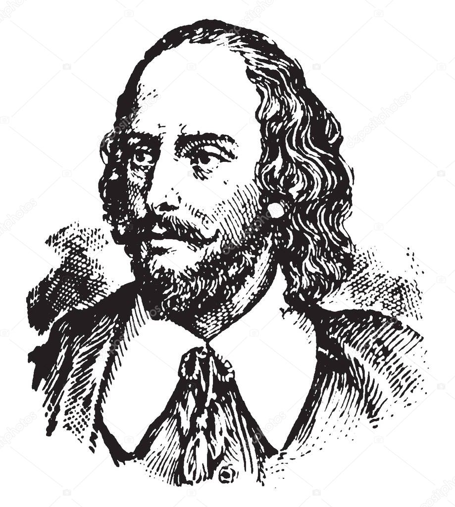 William Shakespeare, 1564-1616, he was an English poet, playwright, actor, and the greatest writer in the English language, famous as the England's national poet and the Bard of Avon, vintage line drawing or engraving illustration