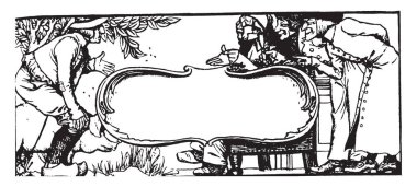 Resimsel afiş var dört figürlü, vintage çizgi çizme veya oyma illüstrasyon.