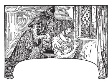 Rapunzel, bu sahneyi pencere ve duran seizer ile uzun saçlarını kesme cadı yakınında oturan kadın gösterir, vintage hat çizim veya gravür illüstrasyon