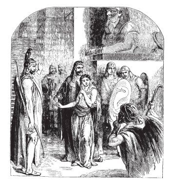 Kralın erkek elele ve yürümeye, kalkanlar çevrelerindeki, askerlerle vintage satır çizim veya illüstrasyon oyma