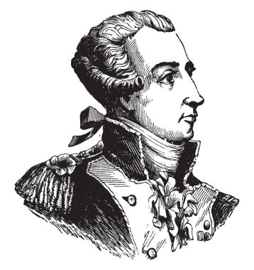 Marquis de Lafayette, 1757-1834, o bir Fransız aristokrat ve savaşan Amerikan Bağımsızlık Savaşı, vintage çizgi çizme veya oyma illüstrasyon askerdi