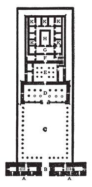 Edfu Tapınağı Planı, M.Ö. 21341999 Mısır tarzı mimari bir örnektir, onun anahtarı Pylon mimari özelliklerini gösterir, vintage çizgi çizim 
