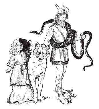 Loki resmi kızı, Hela ve onun Evcil hayvan. Kurt ve yılan Evcil hayvan olarak gösterilir. Hela gövdesini iki renkli, yarım beyaz ve çizim veya illüstrasyon oyma yarım siyah, vintage çizgi gösterilir.