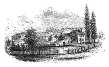 Amerikan Devrimi sırasında büyük merkez Valley Forge, vintage çizgi çizme veya oyma illüstrasyon kurmak.