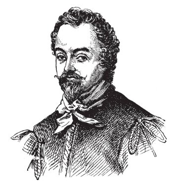 Sir Francis Drake, 1540-1596, he was an English sea captain, privateer, navigator, and civil engineer of the Elizabethan era, and first European visitor to Oregon, vintage line drawing or engraving illustration clipart