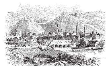Resim Antakya şehir nerede onların ismi Hıristiyanlar İsa'nın takipçileri var Suriye'de gösterir. Bu kale, dağlar ve küçük evleri, vintage çizgi çizme veya oyma illüstrasyon çevrilidir.