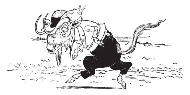 GNU, bu resmi bir hayvan giyinmiş ve yürüyüş, vintage çizgi çizme veya oyma illüstrasyon gösterir