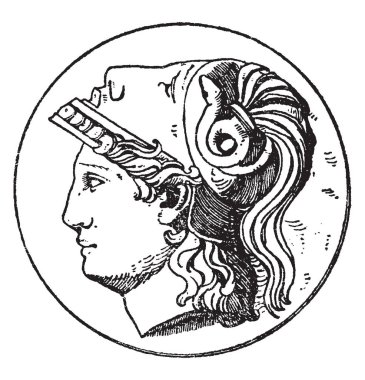 Yunan Tanrıça Athena'nın modern versiyonu tasarım olan sol Minerva kafa bir resmi. Bu tasarım sık madalyonlar, vintage çizgi çizme veya oyma illüstrasyon oluştu.