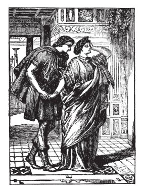 Lysander ve Hermia, bu sahne arkasındaki kadın ayakta ve elini tutarak, söz bir şey vintage çizgi çizme veya illüstrasyon oyma bir adam gösterir