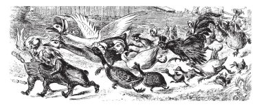 Çiftlik hayvanları, bu sahne grup hayvan gösterir ve kuşlar yürüyorlar, şapka, vintage çizgi çizme veya oyma illüstrasyon bazı kuşlar giydi