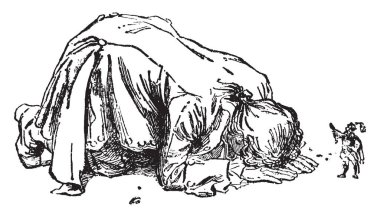 Dev diz çökmüş aşağı küçük İmparatorun önünde, vintage çizgi çizme çökmüş veya illüstrasyon oyma dev bir adam bu sahne gösterir