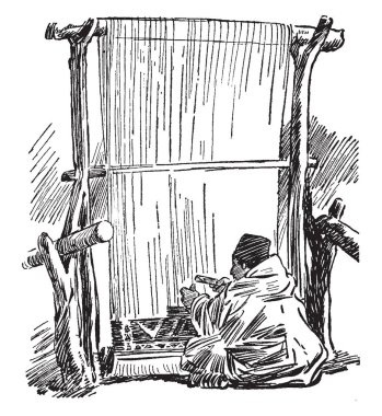 Türk halı Weaver halı geleneksel moda, vintage çizgi çizme veya oyma illüstrasyon.