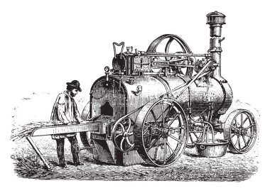 Saman, vintage oyulmuş çizim ile bir taşınabilir motoru ısıtıcı görünümünü. Endüstriyel ansiklopedi E.-O. Lami - 1875
