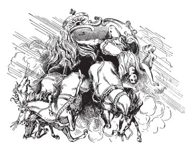 Bu çerçevede bir savaş arabası sürmek ve bir at binen işte. At ve adam kiminle vintage çizgi çizme veya oyma illüstrasyon aşağı, bir süre için araba sonları düşmek.