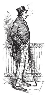 Bir adam ayakta ve kamışı bir yandan, vintage çizgi çizme veya oyma illüstrasyon holding