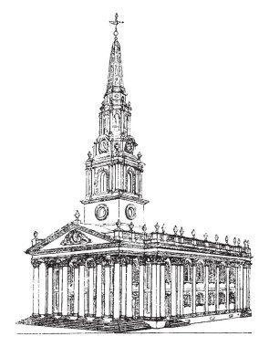 St. Martins-in--fields, bir İngiliz Anglikan Kilisesi, Kuzey-Doğu köşe, Ortaçağ dönemi, vintage çizgi çizme veya oyma illüstrasyon. 