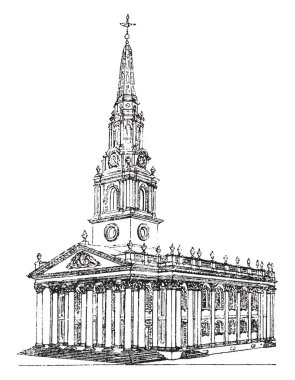 St. Martins-in-the-fields, an English Anglican church, the north-east corner, the medieval period, vintage line drawing or engraving illustration.  clipart