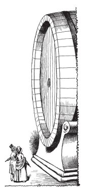 Bir erkek ve kadın büyük meşe fıçı, vintage çizgi çizme veya oyma resimde arıyorsunuz