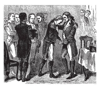 General George Washington'ın veda onun subay, vintage çizgi çizme veya oyma illüstrasyon.