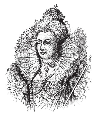 Queen Elizabeth I, 1533-1603, she was the queen of England and Ireland from 1558 to 1603, and the last monarch of the house of Tudor, vintage line drawing or engraving illustration clipart