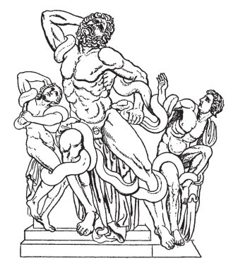 Truva rahip Laocoon ve dev yılan Tanrılar, vintage çizgi çizme veya oyma illüstrasyon tarafından gönderilen tarafından öldürülen iki oğlu heykeli.