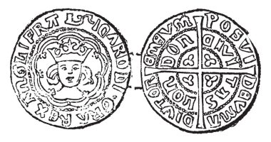 Sikke Richard III nerede yarısı melek altın sikke ilk 1472 tanıştı, vintage çizgi çizme veya oyma illüstrasyon.
