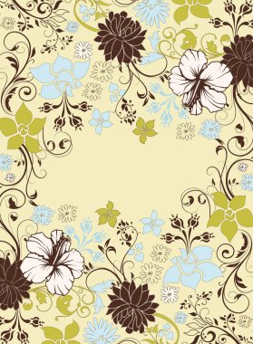 Vintage davetiye süslü zarif retro soyut çiçek tasarım, çok renkli çiçek ve metin etiketi ile açık sarı renkli yapraklarda. Vektör çizim