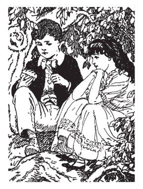 Maggie Tulliver, bir ağaç ve bir şey bıçak, vintage çizgi çizme veya oyma illüstrasyon ile kesme çocuk altında oturan kız ve erkek bu sahne gösterir