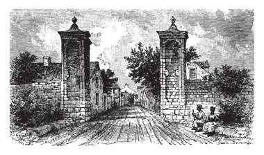 Gate of St. Augustine, ancient, homes, cathedral, city, plaza, vintage line drawing or engraving illustration clipart