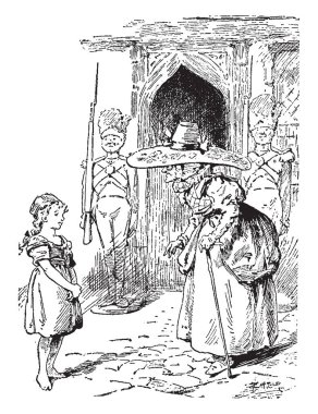 Gerda ve kar kraliçesi, eski Kraliçe bir şeyi küçük kız onun önünde iki ayakta asker arka plan, vintage çizgi çizme veya oyma illüstrasyon ayakta için söylüyorum bu sahne gösterir