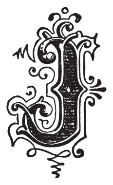 Bir süs J harfi, vintage çizgi çizme veya oyma illüstrasyon
