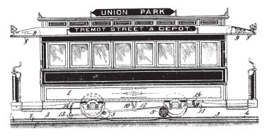 Sendika Park Tren araba raylı taşıma sistemi üzerinde yük veya yolcu, vintage çizgi çizme veya oyma illüstrasyon taşımak için kullanılan bir araçtır.