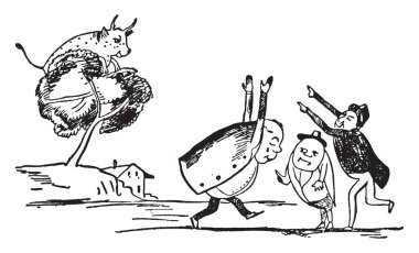 Edward Lear'ın tekerlemeler, bu sahneyi üç adam ellerini ve ağaç, evin arka plan, vintage çizgi çizme veya oyma illüstrasyon inek yetiştirme gösterir.