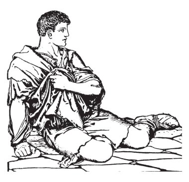 Zavallı adam, bu resim üzerinde zemin, vintage çizgi çizme oturan veya illüstrasyon oyma zavallı adam gösterir.