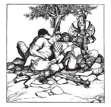 Prens, bu sahneyi üç dev adam ağacı, vintage çizgi çizme veya oyma illüstrasyon altında uyku bakarak Prens gösterir.