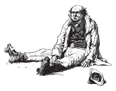 Bir adam tekerlekli paten oturan, vintage çizgi çizme veya oyma illüstrasyon