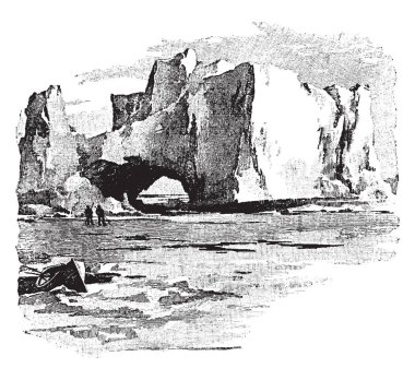 Buz kitlesi bulunan dağlık bölgesinde, vintage çizgi çizme veya oyma illüstrasyon birbirine bağlı buzulların geniş bir alandır.