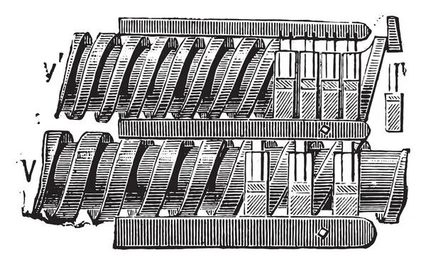 在亚麻货架上设置螺钉和棒材 老式雕刻插图 工业百科全书 1875 — 图库矢量图片